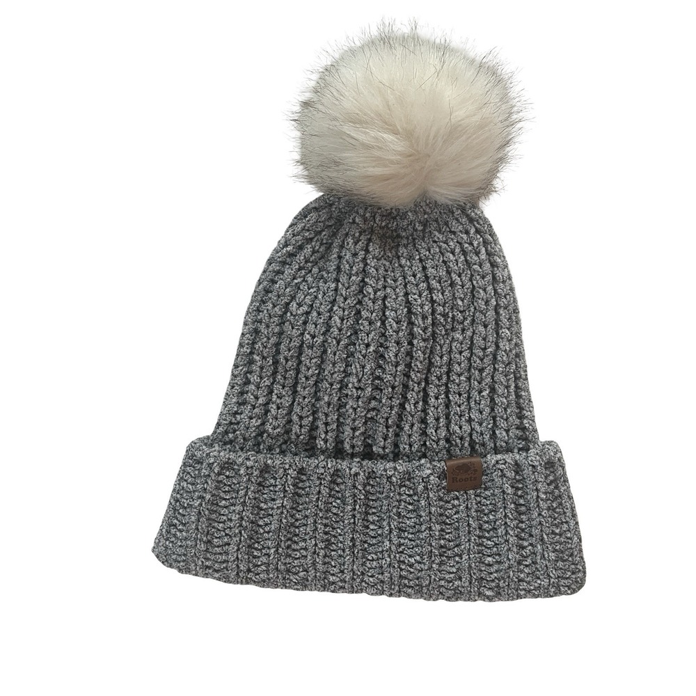 Roots One Size Gray Beanie Heather Knit Puff Ball Soft Winter Cozy
